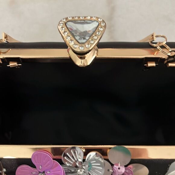 Stunnng Floral Evening Bag Removable Chain Sequins,Jewels,Mixed Medium Handmade - Picture 5 of 12